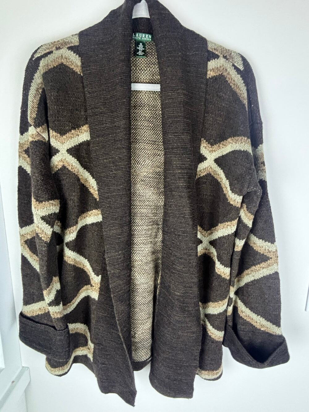 Lauren Ralph Lauren Cardigan M Linen Cotton Brown Geometric Open Front Swea